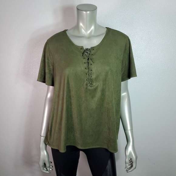 Falls Creek Top Plus Sz 2X Faux Suede Lace Up Cropped Stretch Short Sleeve Green - Picture 2 of 6